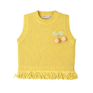 3 Pcs Set,Yellow Pom - pom Knitted Vest,T-shirt & Denims for Kids - 2 - 3 Years Winter Wear