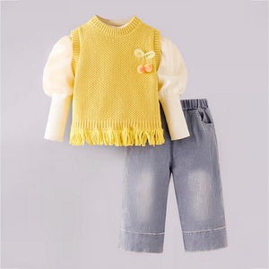 3 Pcs Set,Yellow Pom - pom Knitted Vest,T-shirt & Denims for Kids - 2 - 3 Years Winter Wear