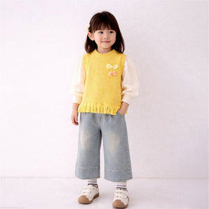 3 Pcs Set,Yellow Pom - pom Knitted Vest,T-shirt & Denims for Kids - 2 - 3 Years Winter Wear