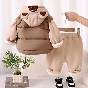 3 Pcs Winter Set, Beige Brown Paw, Hoodie, tshirt & Pants for Kids, Winterwear - 2 - 3 Years Kids Clothing