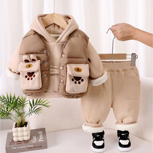 3 Pcs Winter Set, Beige Brown Paw, Hoodie, tshirt & Pants for Kids, Winterwear - 2 - 3 Years Kids Clothing