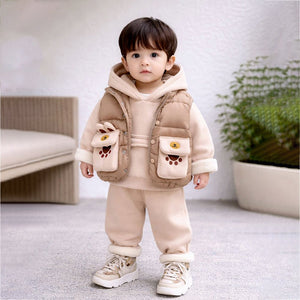 3 Pcs Winter Set, Beige Brown Paw, Hoodie, tshirt & Pants for Kids, Winterwear - 2 - 3 Years Kids Clothing