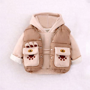 3 Pcs Winter Set, Beige Brown Paw, Hoodie, tshirt & Pants for Kids, Winterwear - 2 - 3 Years Kids Clothing