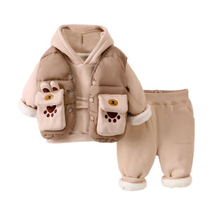 3 Pcs Winter Set, Beige Brown Paw, Hoodie, tshirt & Pants for Kids, Winterwear - 2 - 3 Years Kids Clothing