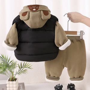 3 Pcs Winter Set, Black Puffer Sleevless Jacket, Hoodie & Pants for Kids, Winterwear - 2 - 3 Years Kids Clothing