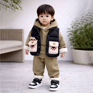 3 Pcs Winter Set, Black Puffer Sleevless Jacket, Hoodie & Pants for Kids, Winterwear - 2 - 3 Years Kids Clothing