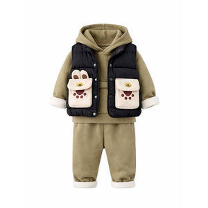 3 Pcs Winter Set, Black Puffer Sleevless Jacket, Hoodie & Pants for Kids, Winterwear - 2 - 3 Years Kids Clothing