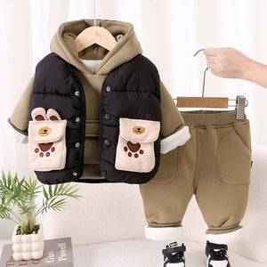 3 Pcs Winter Set, Black Puffer Sleevless Jacket, Hoodie & Pants for Kids, Winterwear - 2 - 3 Years Kids Clothing