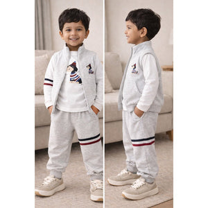 3 Pcs Winter Set, Playful Dog Print Sleeveless Jacket, T-Shirt & Pants for Kids - 2 - 3 Years Kids Clothing