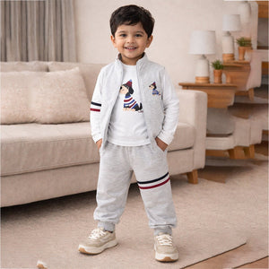 3 Pcs Winter Set, Playful Dog Print Sleeveless Jacket, T-Shirt & Pants for Kids - 2 - 3 Years Kids Clothing