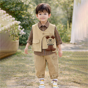 3 Pcs,Brown Happy Ted Vest,Brown Stripes Shirt,Pants set for Kids - 2 - 3 Years Winter Wear