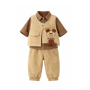 3 Pcs,Brown Happy Ted Vest,Brown Stripes Shirt,Pants set for Kids - 2 - 3 Years Winter Wear