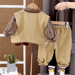 3 Pcs,Brown Happy Ted Vest,Brown Stripes Shirt,Pants set for Kids - 2 - 3 Years Winter Wear