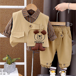3 Pcs,Brown Happy Ted Vest,Brown Stripes Shirt,Pants set for Kids - 2 - 3 Years Winter Wear