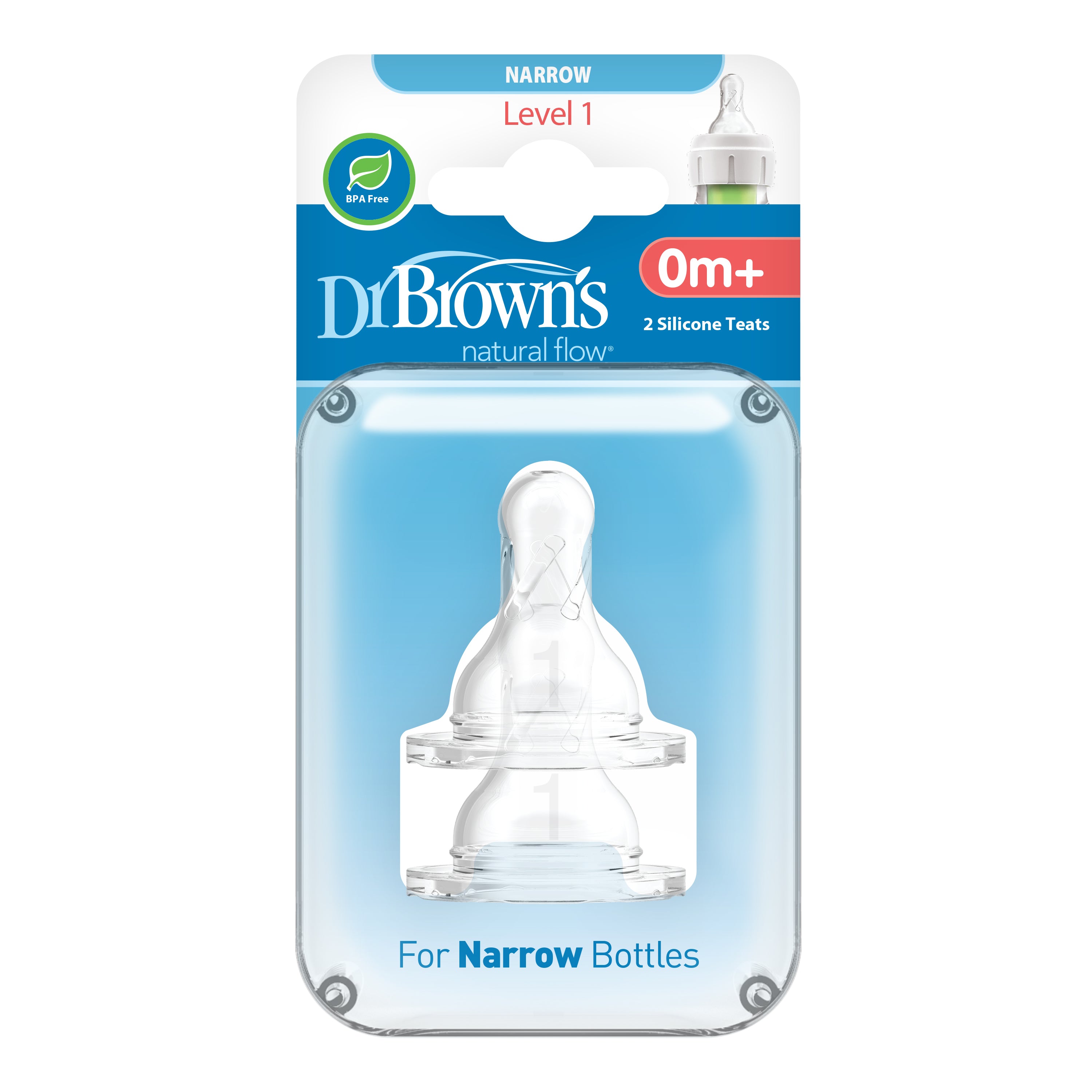 Dr. Brown'S Level 1 Silicone Narrow Nipple, 2-Pack Transparent Birth+ to 3M