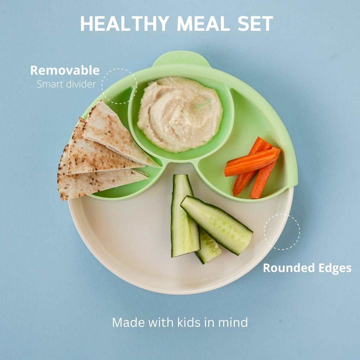 Miniware Healthy Meal Suction Plate with Dividers Set-Vanilla/Key Lime