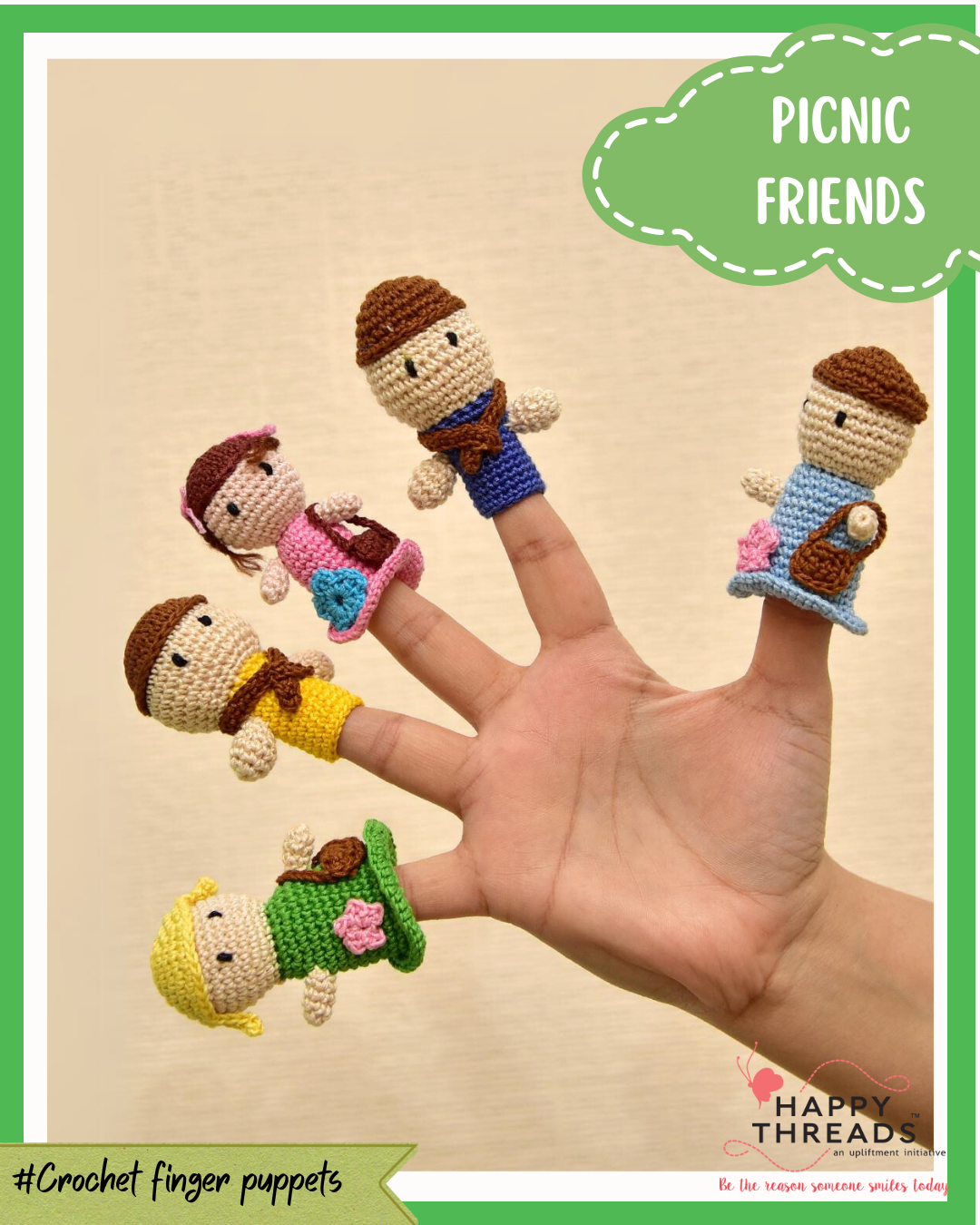 Happy Threads | Picnic Finger Puppets – Handcrafted Amigurumi Set | Soft & Creative Play for Kids