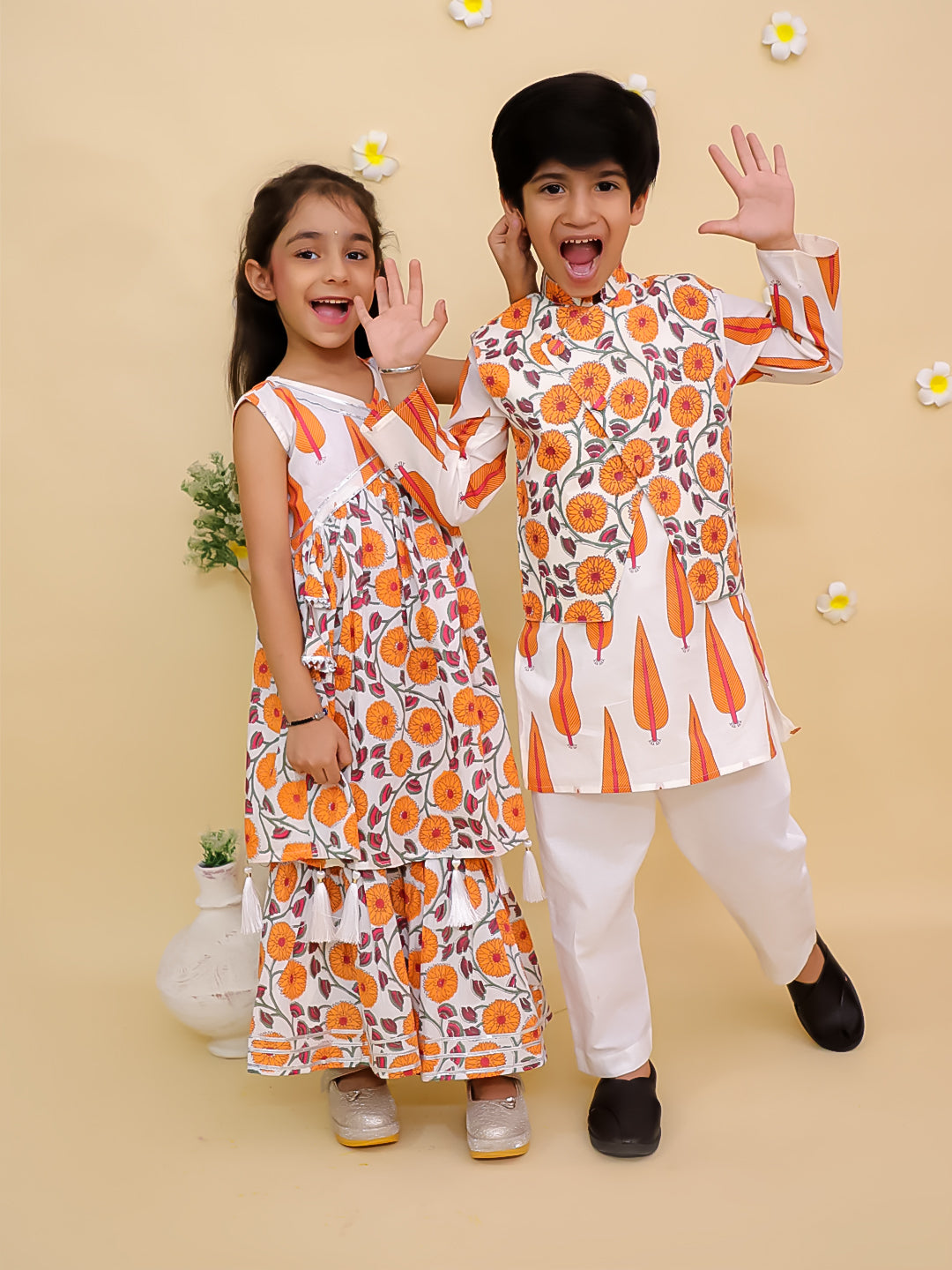 Ethnic Set-Narangi Girls Anarkali Kurta Sharara Set and Boys Jacket And Kurta Pajama Set