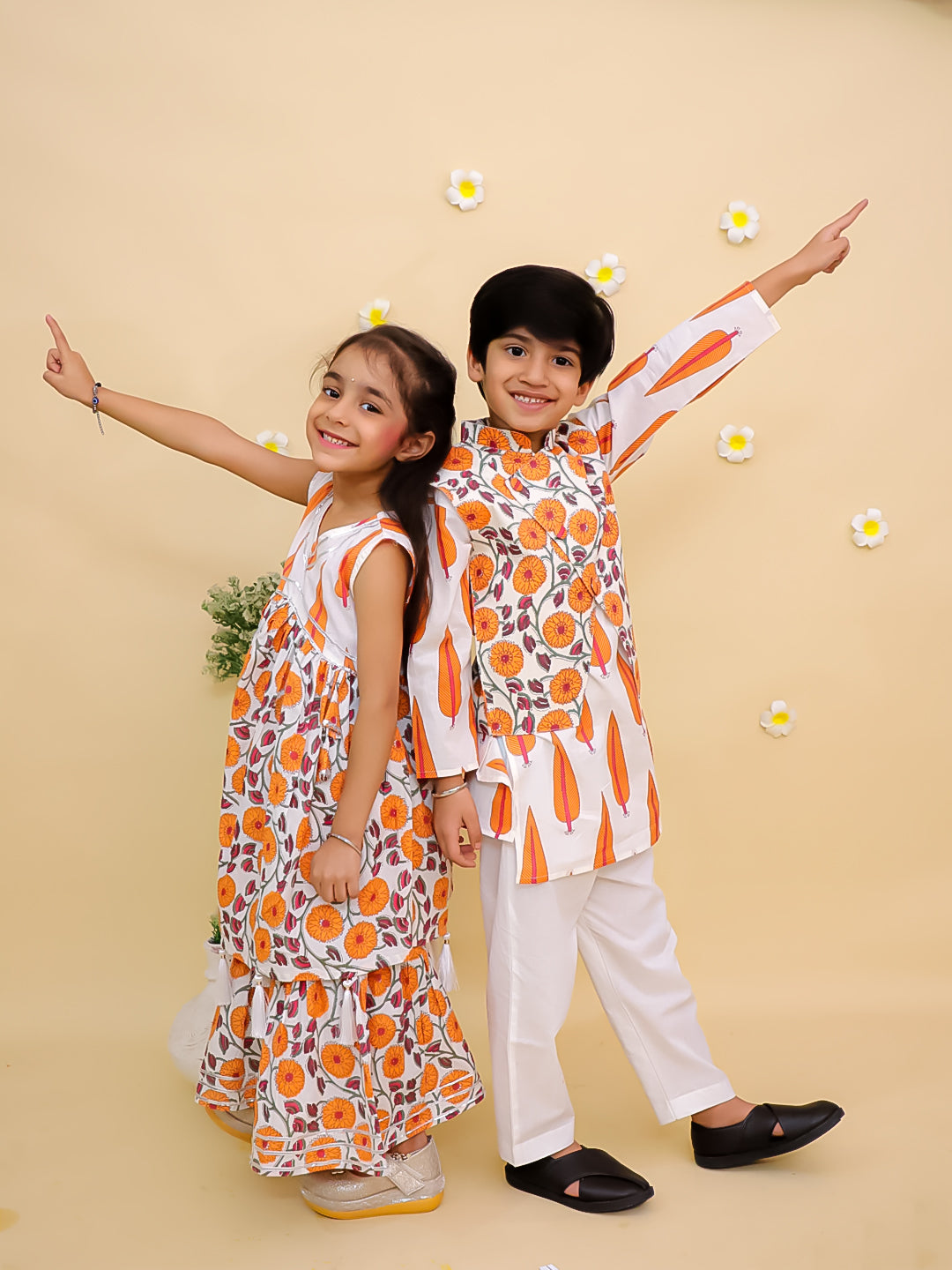 Ethnic Set-Narangi Girls Anarkali Kurta Sharara Set and Boys Jacket And Kurta Pajama Set
