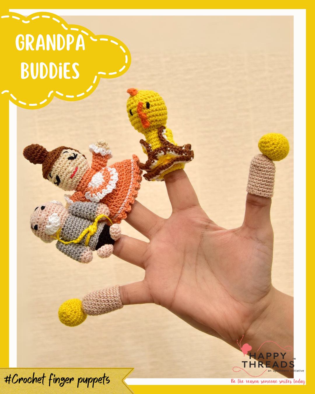 Happy Threads | Grandpa Buddies Finger Puppets – Handcrafted Amigurumi Set | Soft, Safe & Educational Toy for Kids