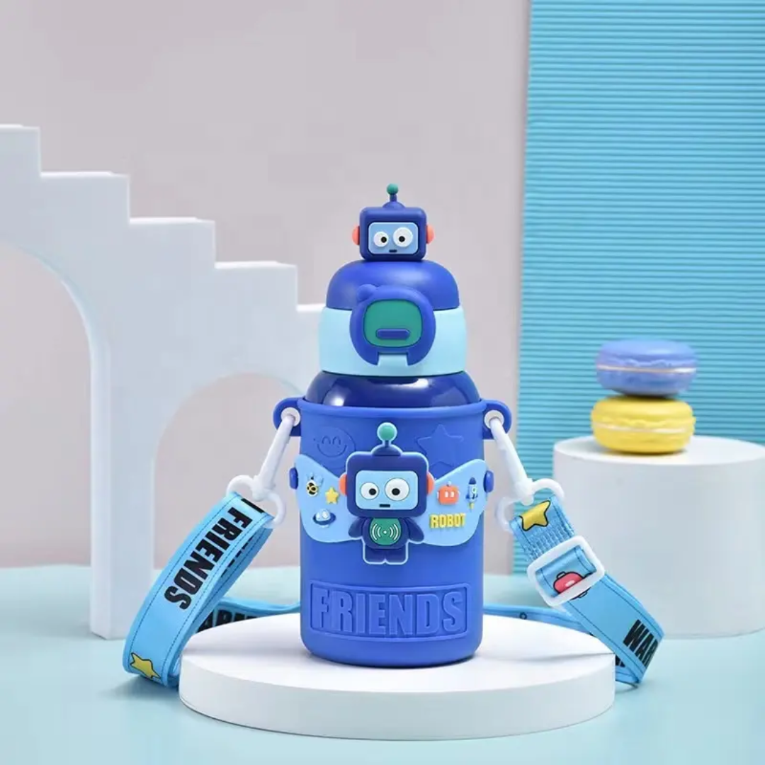 Cool Robot Kids’ Water Bottle – 450ml, Insulated & Travel-Friendly with Mini Toys!