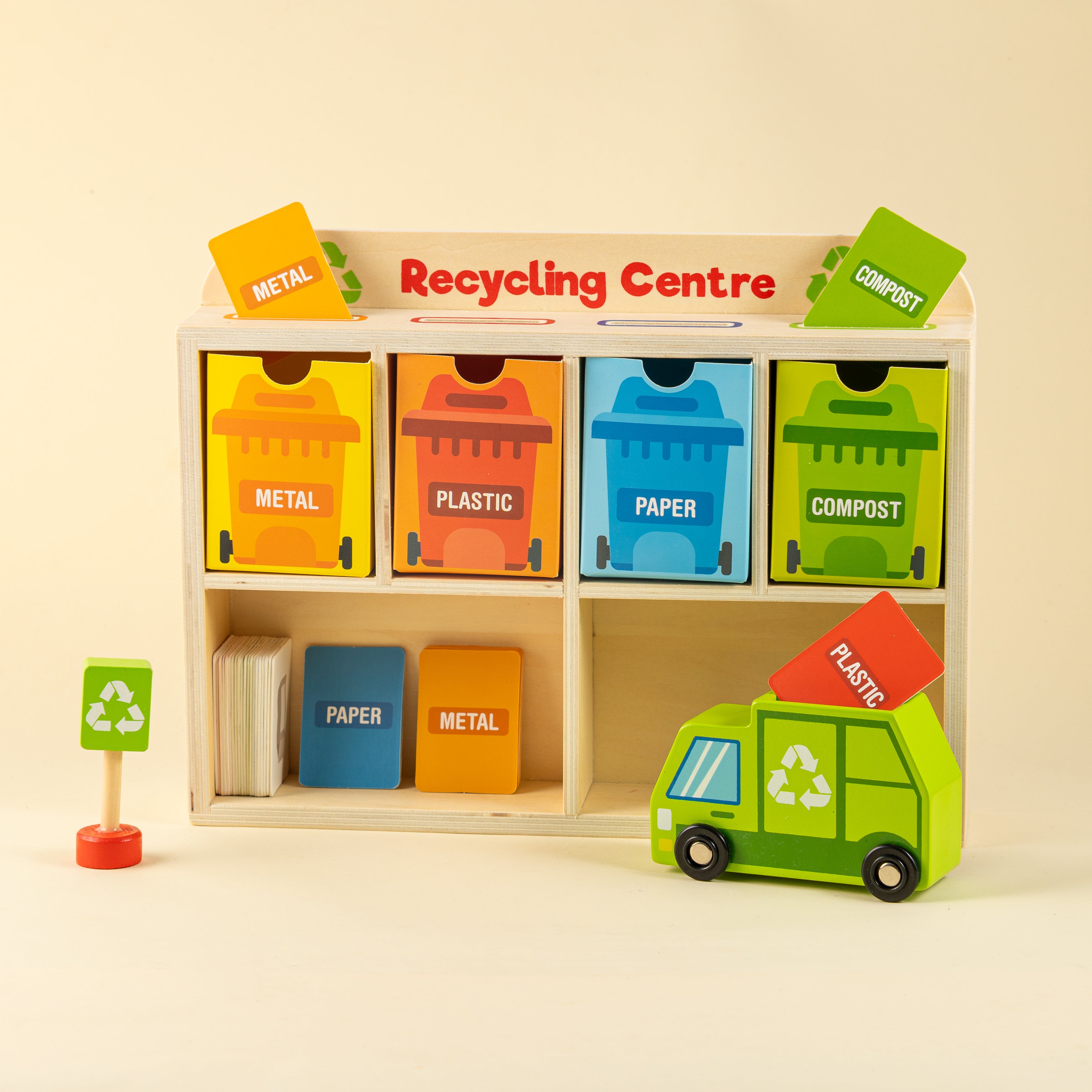 Playbox Wooden Tiny Trash Hub Reduce & Reuse Recycling Green Garbage Truck Toy