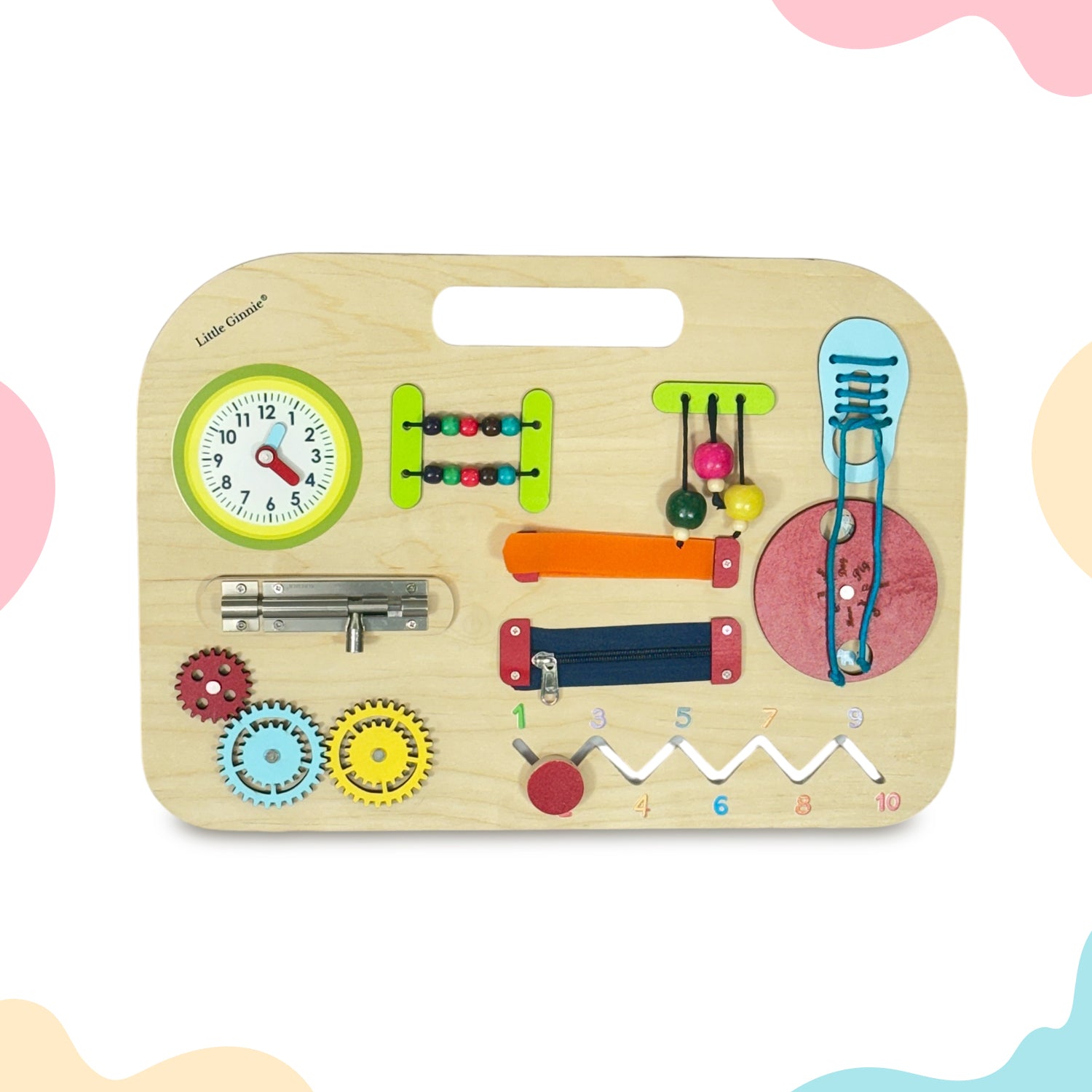 Little Ginnie Wooden Busy Board for Toddlers | 10-in-1 Wooden Educational Toy with Clock, Zipper, Gear, Puzzle