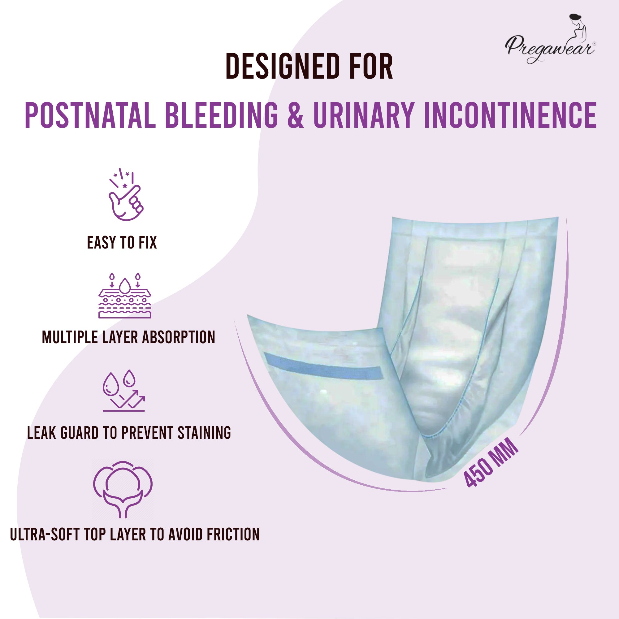 Pregawear Maternity Pad| Premium Disposable Soft Pads for Women| After Delivery Incontinence High Absorption | Heavy Periods | Leak Guard| Postpartum Flow| Rash Free | Overnight Protection Pack of 10.