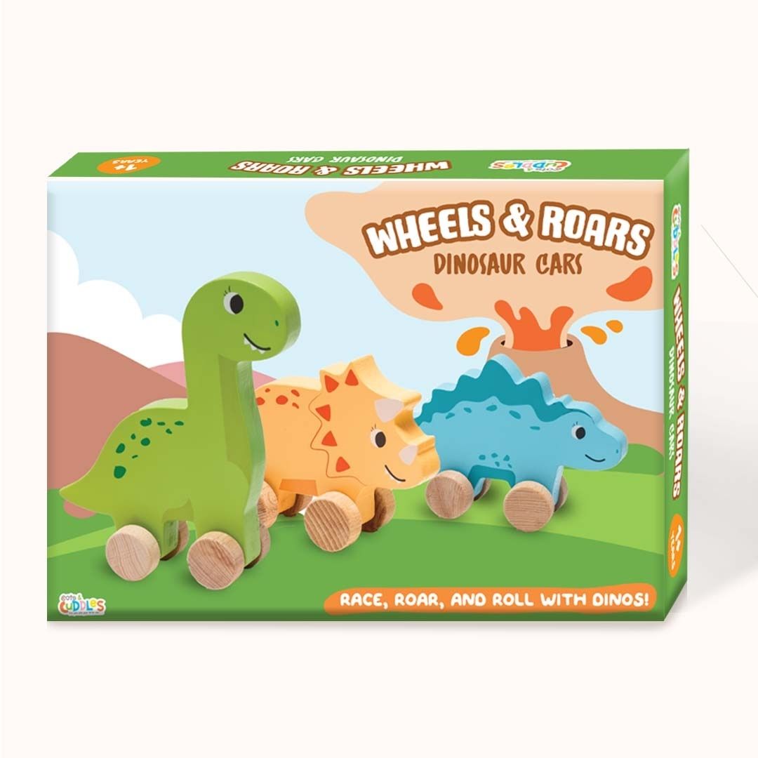 Cots and Cuddles Wooden Dino with Wheels Toy for Kids (Pack of 3)