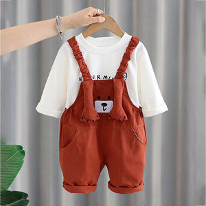 3D Brown Bear Hanging Legs Dungaree with Tshirt, 2pcs set for Toddlers & Kids - 1 - 2 Years Kids Clothing