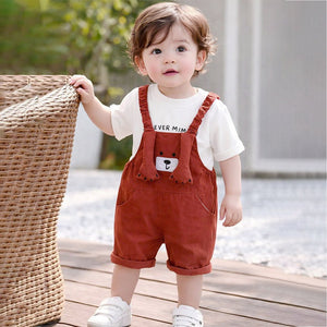 3D Brown Bear Hanging Legs Dungaree with Tshirt, 2pcs set for Toddlers & Kids - 1 - 2 Years Kids Clothing