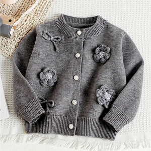 3D Flowers - Bows Grey Cardigan and Pleated Skirt Winterwear 2Pcs set for Girls - 2 - 3 Years Kids Clothing