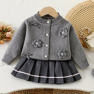 3D Flowers - Bows Grey Cardigan and Pleated Skirt Winterwear 2Pcs set for Girls - 2 - 3 Years Kids Clothing