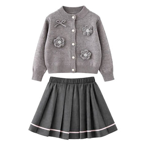 3D Flowers - Bows Grey Cardigan and Pleated Skirt Winterwear 2Pcs set for Girls - 2 - 3 Years Kids Clothing