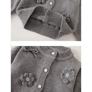 3D Flowers - Bows Grey Cardigan and Pleated Skirt Winterwear 2Pcs set for Girls - 2 - 3 Years Kids Clothing