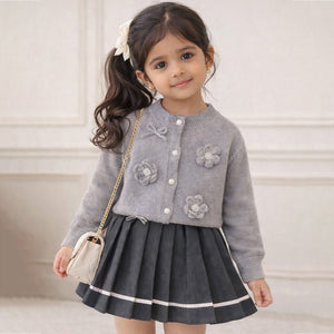 3D Flowers - Bows Grey Cardigan and Pleated Skirt Winterwear 2Pcs set for Girls - 2 - 3 Years Kids Clothing
