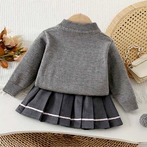 3D Flowers - Bows Grey Cardigan and Pleated Skirt Winterwear 2Pcs set for Girls - 2 - 3 Years Kids Clothing