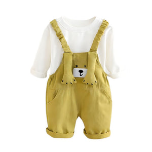 3D Green Bear Hanging Legs Dungaree with Tshirt, 2pcs set for Toddlers & Kids - 1 - 2 Years Kids Clothing