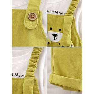 3D Green Bear Hanging Legs Dungaree with Tshirt, 2pcs set for Toddlers & Kids - 1 - 2 Years Kids Clothing