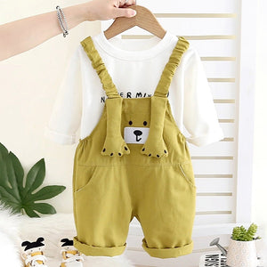 3D Green Bear Hanging Legs Dungaree with Tshirt, 2pcs set for Toddlers & Kids - 1 - 2 Years Kids Clothing