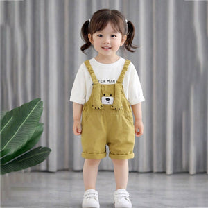 3D Green Bear Hanging Legs Dungaree with Tshirt, 2pcs set for Toddlers & Kids - 1 - 2 Years Kids Clothing