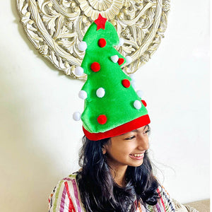 3d Green Pompom Christmas Tree shaped Velvet Plush Christmas Party Hat - 