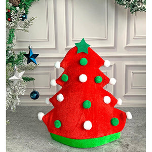 3d Red Pompom Christmas Tree shaped Velvet Plush Christmas Party Hat - 