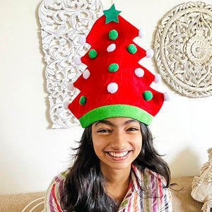 3d Red Pompom Christmas Tree shaped Velvet Plush Christmas Party Hat - 