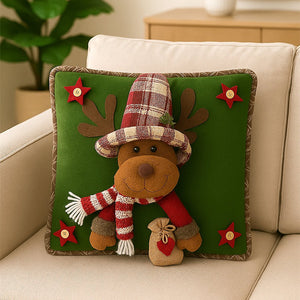 3D Reindeer with a Big Hat Christmas themed festive Pillow Cover, 42cms x 42cms - Christmas