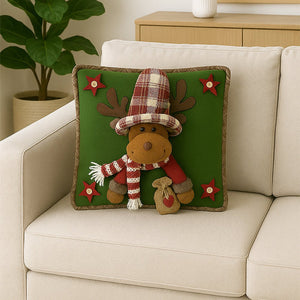 3D Reindeer with a Big Hat Christmas themed festive Pillow Cover, 42cms x 42cms - Christmas