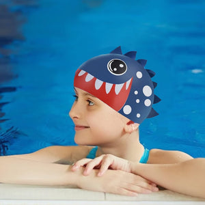 3d White Polka Navy , Silicone Kids Swim Cap, 5 years - 15 years - 5 - 15 years Swim