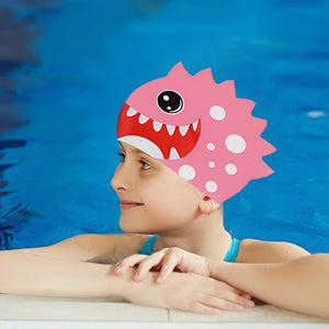 3d White Polka Pink , Silicone Kids Swim Cap, 5 years - 15 years - 5 - 15 years Swim