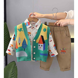 3pcs Green Village Theme Cardigan, Shirt and matching Pants set for Toddlers and Kids, winter and all season wear - 2 - 3 Years Kids Clothing