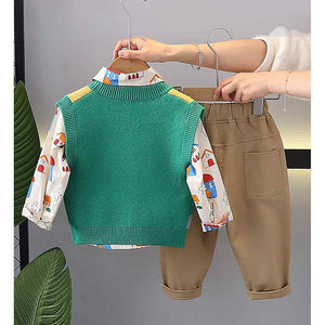 3pcs Green Village Theme Cardigan, Shirt and matching Pants set for Toddlers and Kids, winter and all season wear - 2 - 3 Years Kids Clothing